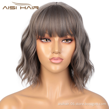 Aisi Hair Short Wavy Short Bob Gray Wig With Neat Bangs Body Wave Wig Heat Resistant Synthetic Fiber Wigs For Black White Women